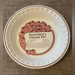 VTG Strawberry Glazed Pie Recipe Ceramic Fluted Pie Plate Cream Brown Trim